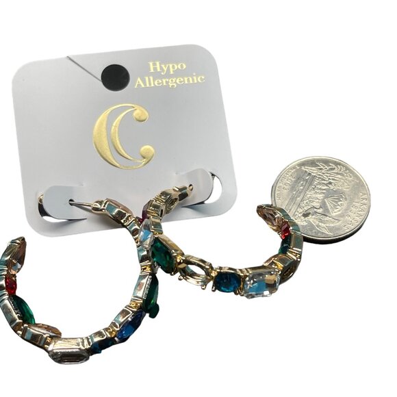 Charming Charlie Gold Hoop Earrings With Multicolor Gemstone Accents MSRP $24 - Picture 8 of 8